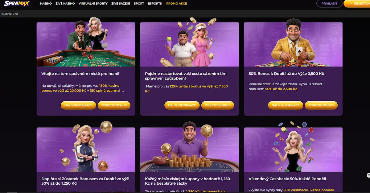 Přehled bonusových nabídek Spinimax Casino – uvítací bonus, cashback a reload akce