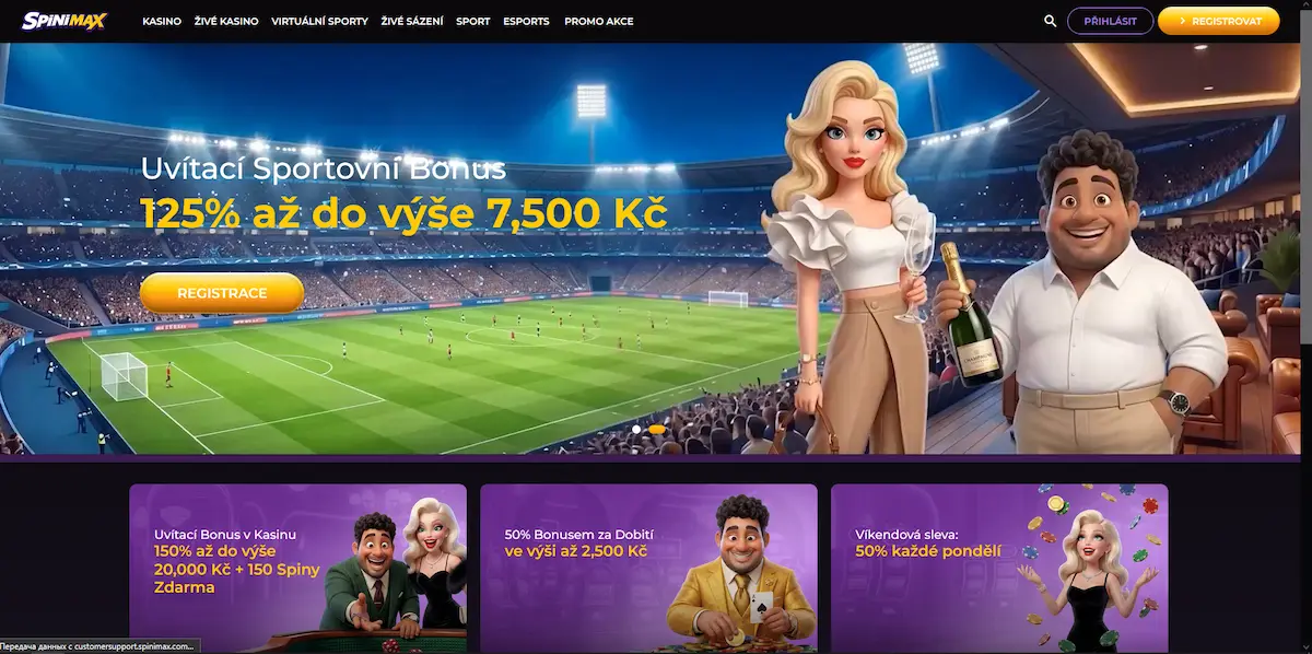 Domovská stránka Spinimax Casino s uvítacím sportovním bonusem a hlavní herní nabídkou