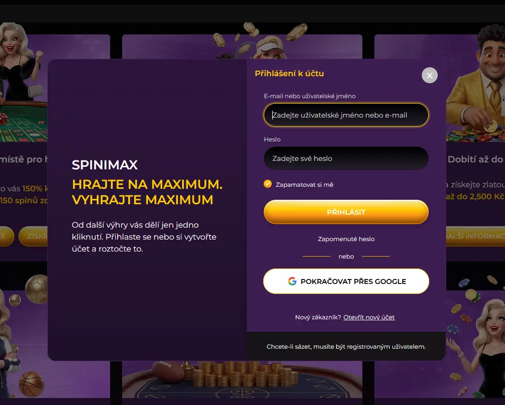 Přihlašovací formulář Spinimax Casino se zadáním e-mailu a hesla k účtu