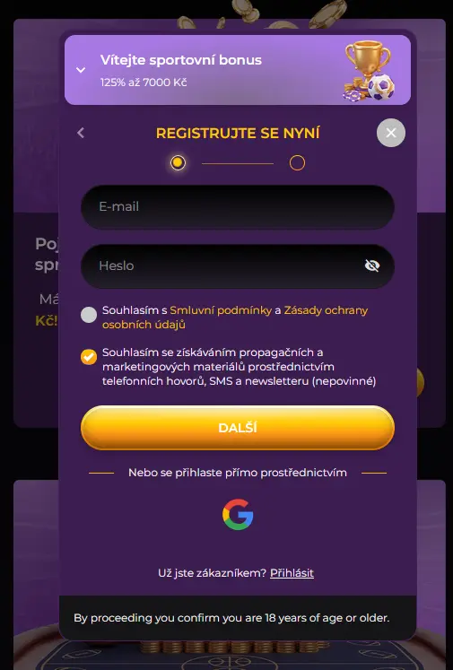 Registrační formulář Spinimax Casino s uvítacím bonusem pro nové hráče